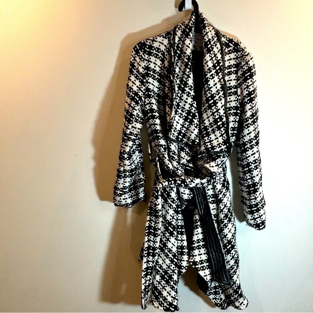 PINK MARTINI Sz L Open Front Houndstooth Belted Trimmed Cascade Lined Jacket